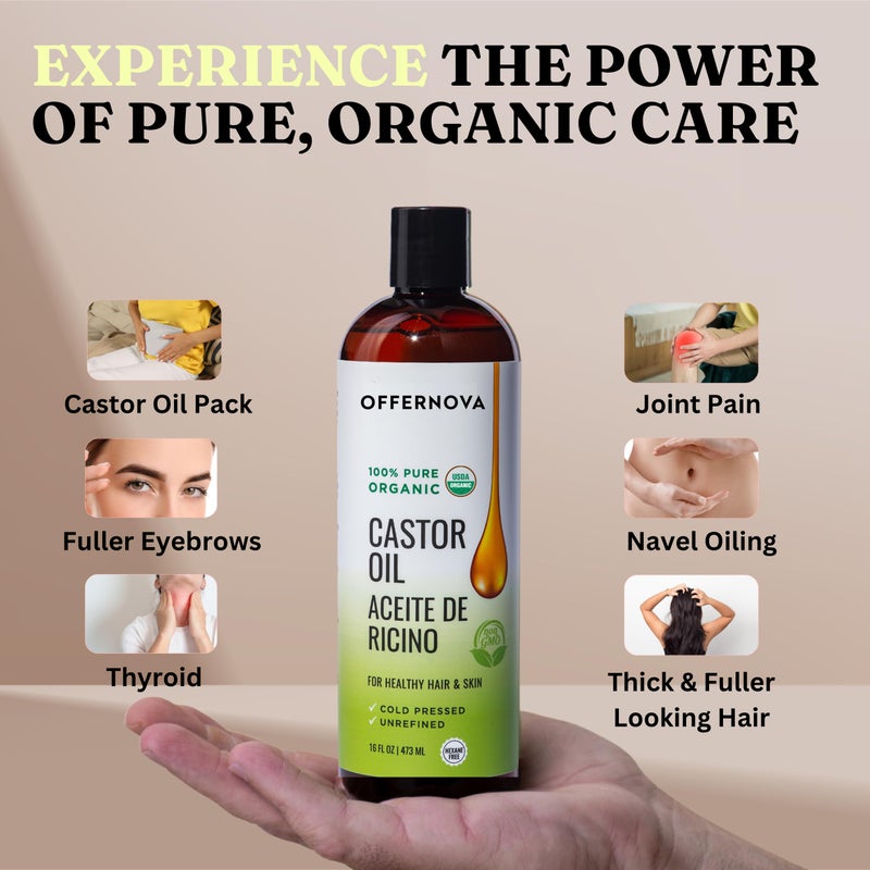 Offernova Castor Oil 16 OZ- Aceite de Ricino - Cold Pressed 100% Pure, Certified Organic, Hexane Free for Eyelashes, Eyebrows, Frizzy, Hair Growth Women and Men, Beard Growth - Image 3